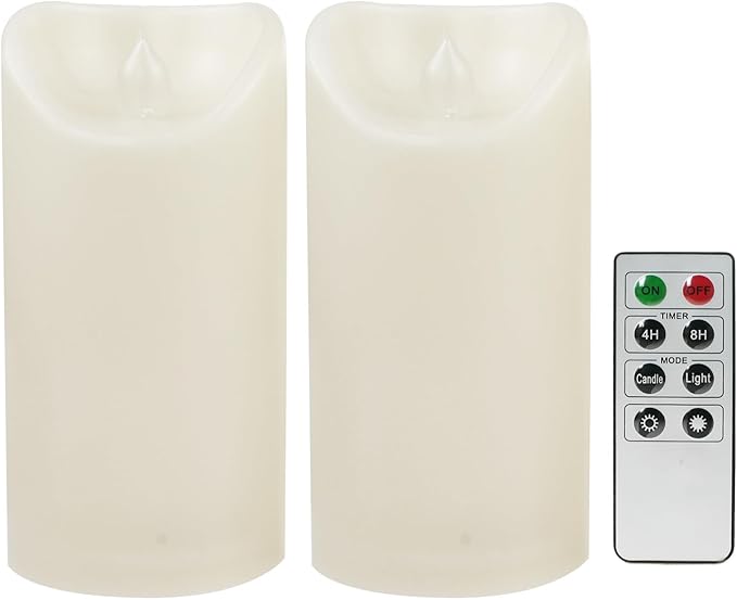 CANDLE CHOICE Outdoor Battery Operated Flameless Candles with Remote Timer Waterproof Flickering Plastic Electric LED Pillar Lights for Lantern Patio Garden Wedding Party Decorations 3x6 Inches 2 PCS