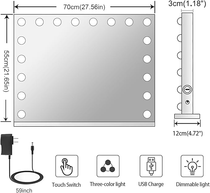 Kottova Vanity Mirror with Lights, Lighted Makeup Mirror with 18 Dimmable LED Bulbs, Hollywood Mirror, 3 Color Lightings, USB Charging Port Touch Control, Metal Frame（27.5" x 21.6"）