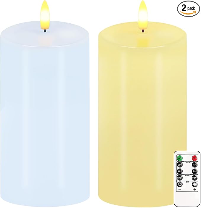 Pastel Flameless Candles, Set of 2 6"x3" Flickering Spring LED Candles with Remote & Timer, Dimmable Real Wax Easter Pillar Candles Battery Operated, Electric Candles for Home Spring Easter Decor