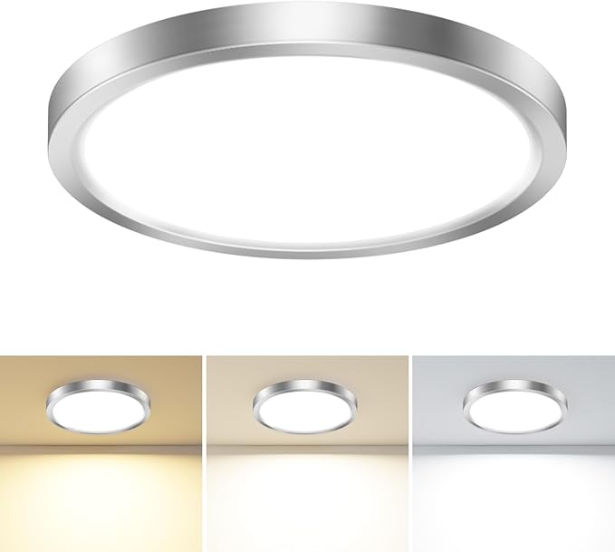 slochi LED Flush Mount Ceiling Light Fixture, 3000K-4000K-6500K & 100W Equivalent Modern Kitchen Recessed Ceiling Lamp 24W 3200Lm 12 Inch Closet Round Surface for Bathroom Laundry-Brushed Nickel