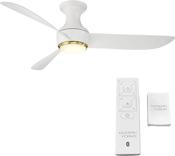 Corona Smart Indoor and Outdoor 3-Blade Flush Mount Ceiling Fan 52in Satin Brass White 3000K LED Light Kit and Remote Control works with Alexa, Google Assistant, Samsung Things, and iOS or Android App