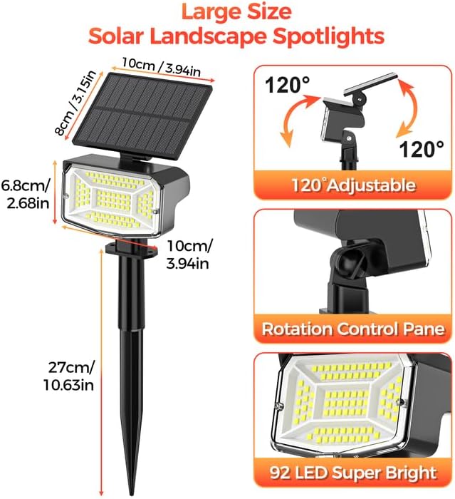 Large Solar Spot Lights Outdoor Waterproof IP67, 1000 Lumens High Brightness, 92 LEDs Solar Spotlight with 3 Lighting Modes, Dusk to Dawn Solar Landscape Lights for Yard, Garden (Cool White)- 8 Pack