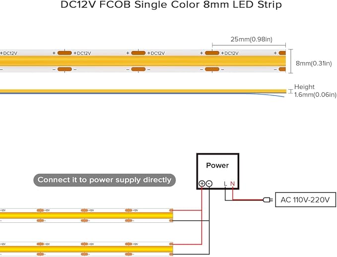 COB Red LED Strip Light 16.4FT 12V Flexible High Density Uniform Bright 480LEDs/m Strips CRI90+ 8MM Width Dimmable COB LED Tape for Cabinet Kitchen Indoor Decor, No Adapter/Controller