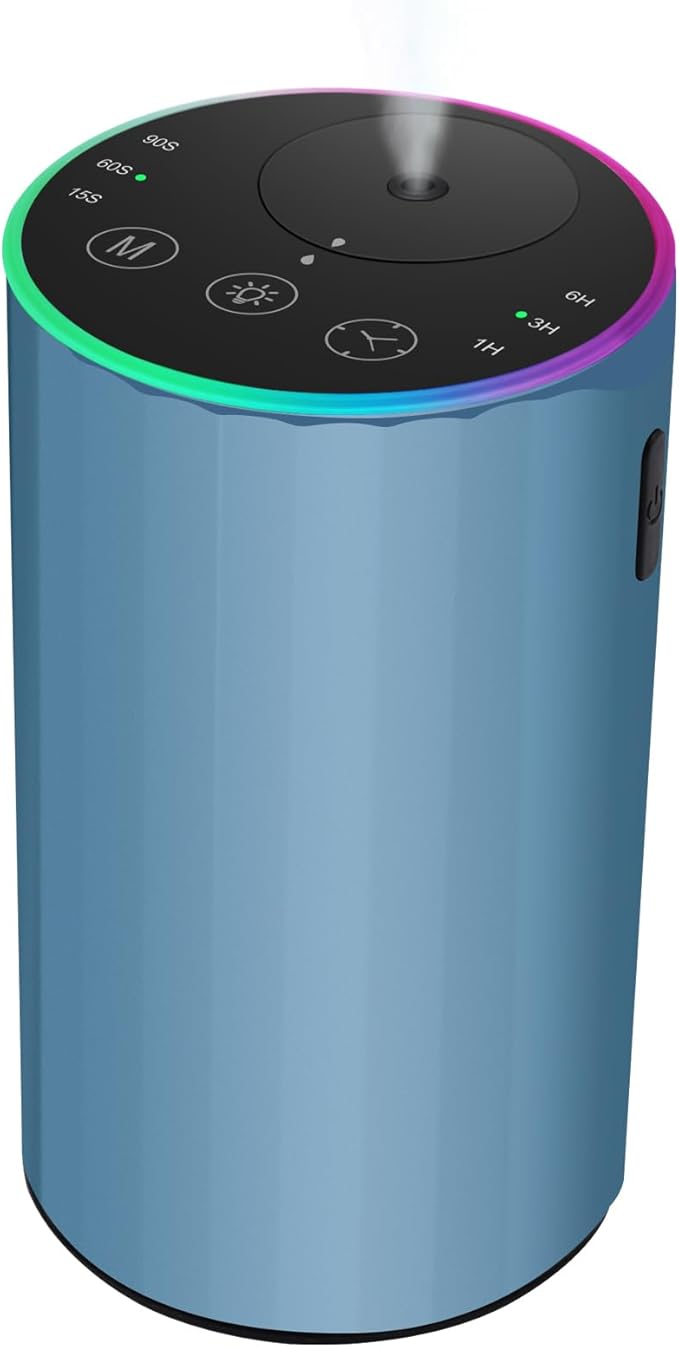 Waterless Essential Oil Diffuser, 7 Colors LED Light, Battery Powered Mini Scent Air Machine, Aromatherapy Mist Diffuser for Home Room Car Office，Black Aluminum Alloy (Blue)