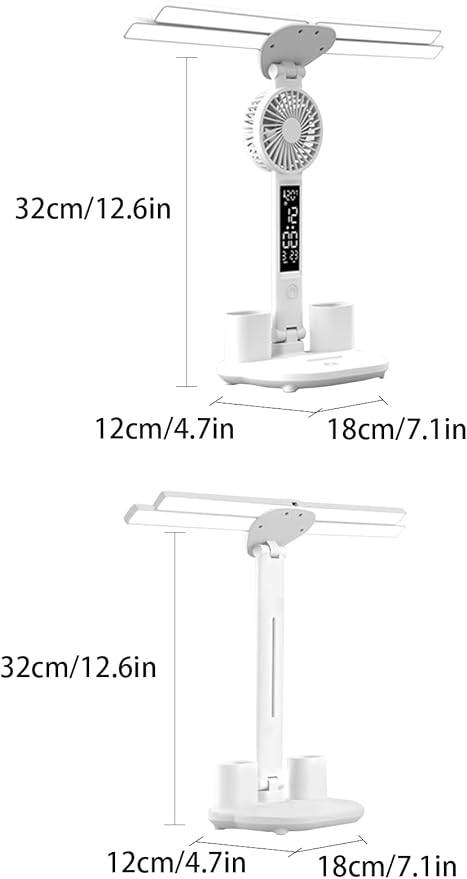 Led Desk Lamp with Fan Study Light with Clock, Adjustable Foldable Table Lamp with Pen Holder, 3 Brightness Levels, USB Charging Port