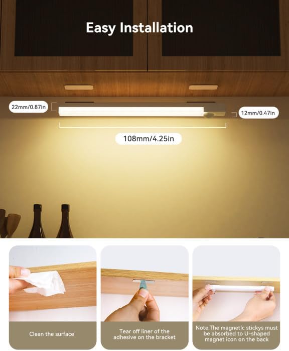 Under Cabinet Lights 4 Inch 6-Pack, Rechargeable Motion Sensor Light Indoor 3 Colors, Dimmable Closet Lights, Wireless Under Counter Lights for Kitchen, Stairs