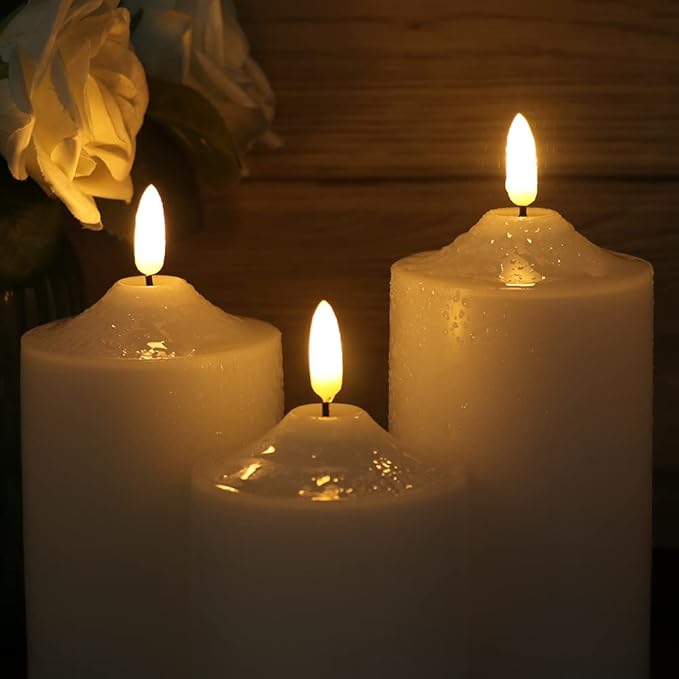 Eldnacele Waterproof Outdoor Flameless Flickering LED Candles with Timer Remote, Battery Operated 3D Wick Plastic Pillar Candles Pack of 3 for Indoor Outdoor Decoration, D3'x H4'x W5'