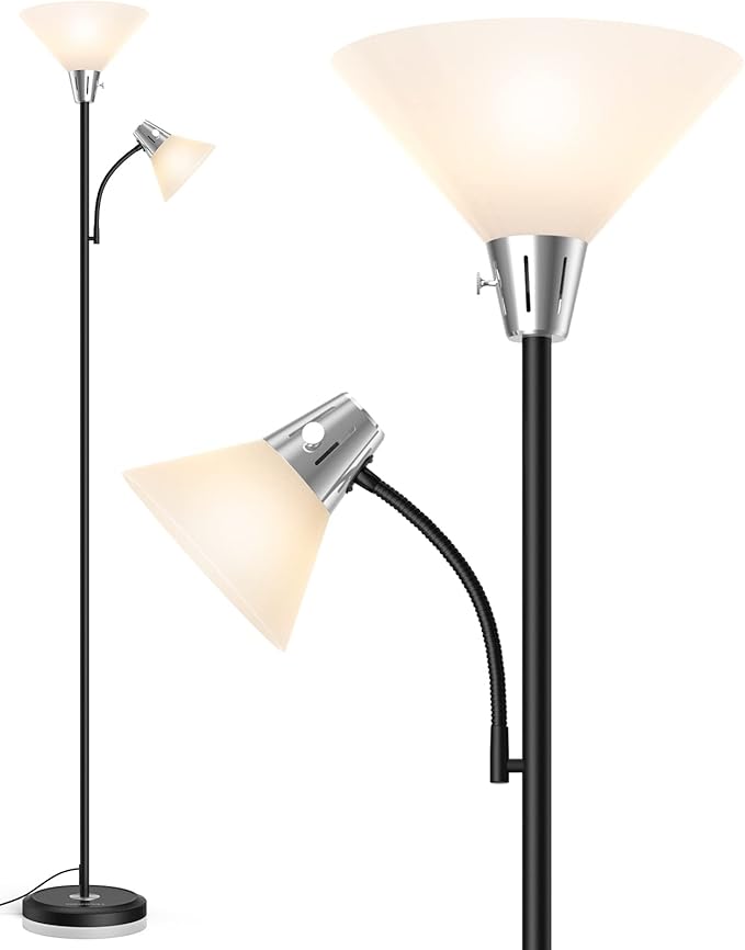 LEPOWER Floor Lamp, Standing Lamp Replaceable 3000K Energy-Saving, Lamp for Living Room with Adjustable Reading Light, Modern Bright Floor Lamp for Bedroom, Living Room, Office