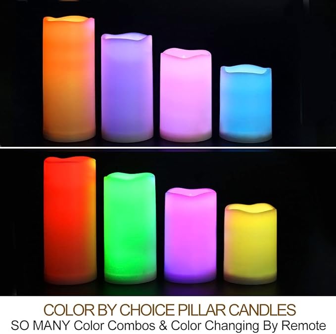 Set of 4 Multicolor LED Pillar Candles Outdoor IP64 Waterproof 3x4 3x5 3x6 3x7 - Color Changing Pillar Candles Battery Powered - Unscented LED Candles Assorted Colors with Timer and Remote