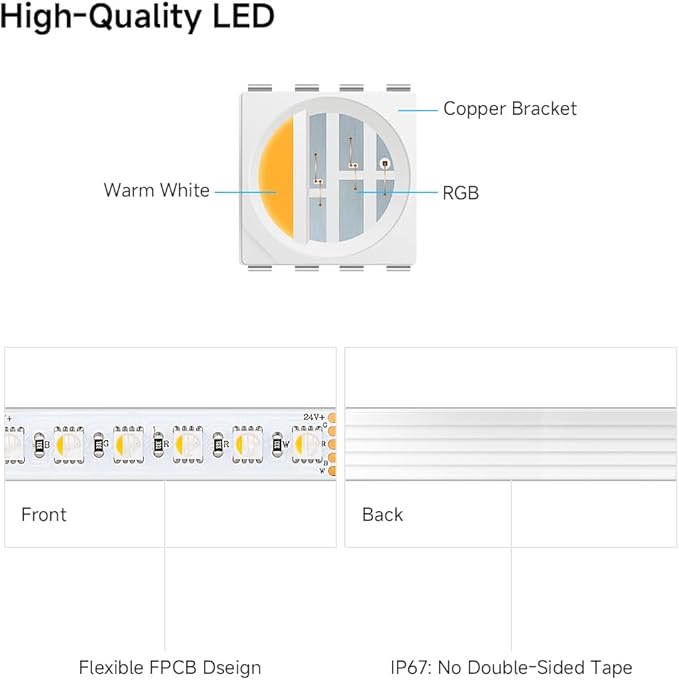 BTF-LIGHTING 5050 RGBW RGB+Warm White(2700K-3000K) 4 Colors in 1 LED 5m 16.4ft 96LED/m DC24V Multi-Colored LED Tape Lights IP67 Waterproof White 14mm PCB for Home Decoration(No Adapter or Controller)