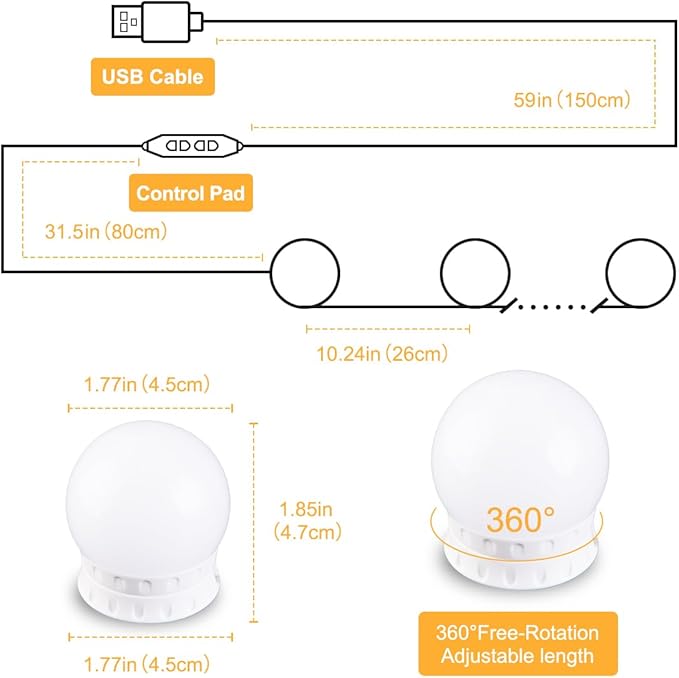 LED Vanity Lights for Mirror, High Brightness LED Chip, Hollywood Style Vanity Light with 14 Dimmable Bulbs, Adjustable Color & Brightness, USB Cable, Mirror lights for Makeup, lighting and Decoration