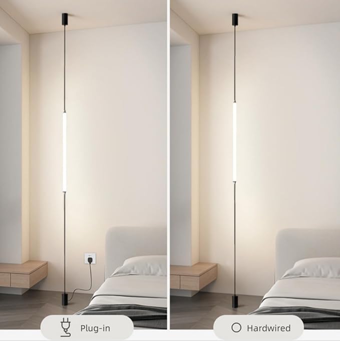 Modern Linear Pendant Floor to Ceiling Lamp Minimalist LED Pendant Lights Plug in 27.5" Long Strip Hanging Lamp for Bedroom Bedside TV Background