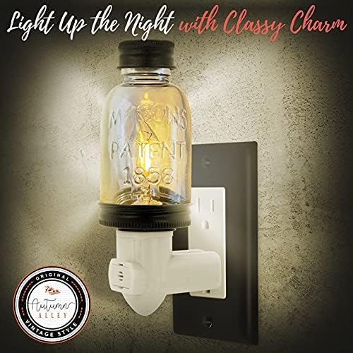 Autumn Alley Rustic Mini Mason Jar Night Light in Bronze | Auto On/Off Sensor | Plug in Farmhouse Wall Decor | Cute Country Night Light | Energy Efficient LED Bulb | Timeless Design