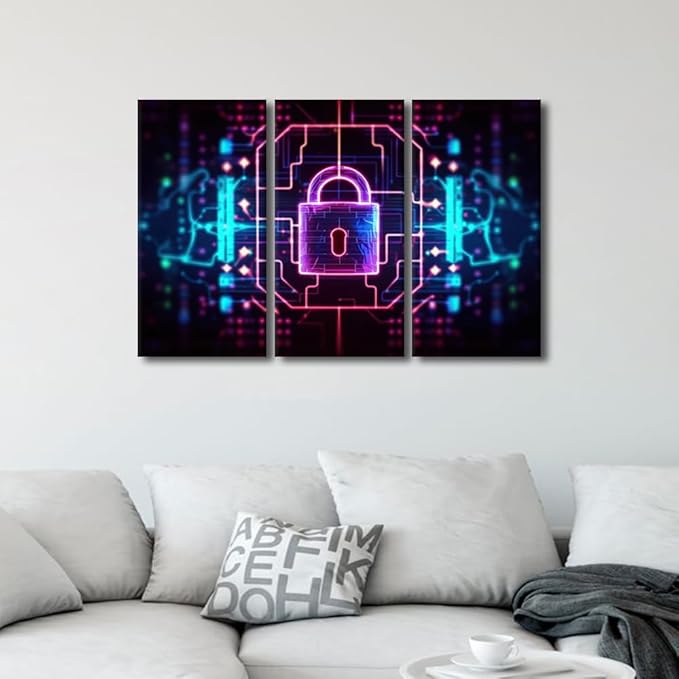 TUMOVO 3 Panels Canvas Print Art Set Padlock on Technological Circuit Background with Neon Lights, Cyber Security Concept Artwork for Home Office Hotel Decoration, Ready to Hang, 36" Wx24 H