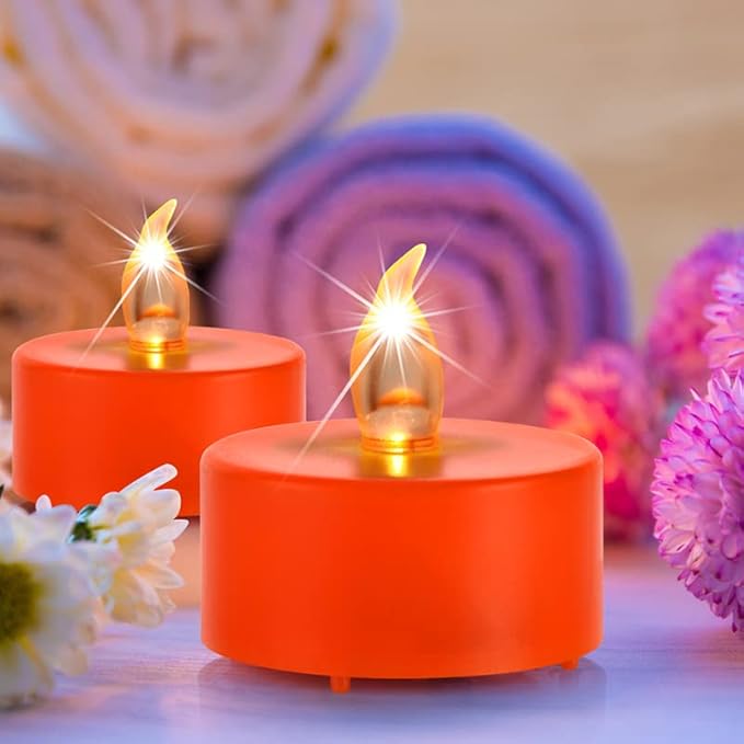 Battery Operated Tea Lights Candles: 24 Pack Realistic and Bright Flickering Holiday Gift Flameless LED Electric Candles for Seasonal & Festival Party Home Decoration Orange