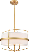 DAYCENT Modern Gold Pendant Light 3-Light Drum Shade Chandelier 16-Inch Brass Pendant Lighting with Drum Fabric Shade Hanging Light Fixture for Dining Room Living Room, Adjustable Height