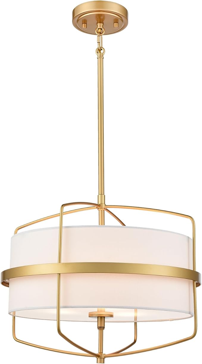 DAYCENT Modern Gold Pendant Light 3-Light Drum Shade Chandelier 16-Inch Brass Pendant Lighting with Drum Fabric Shade Hanging Light Fixture for Dining Room Living Room, Adjustable Height