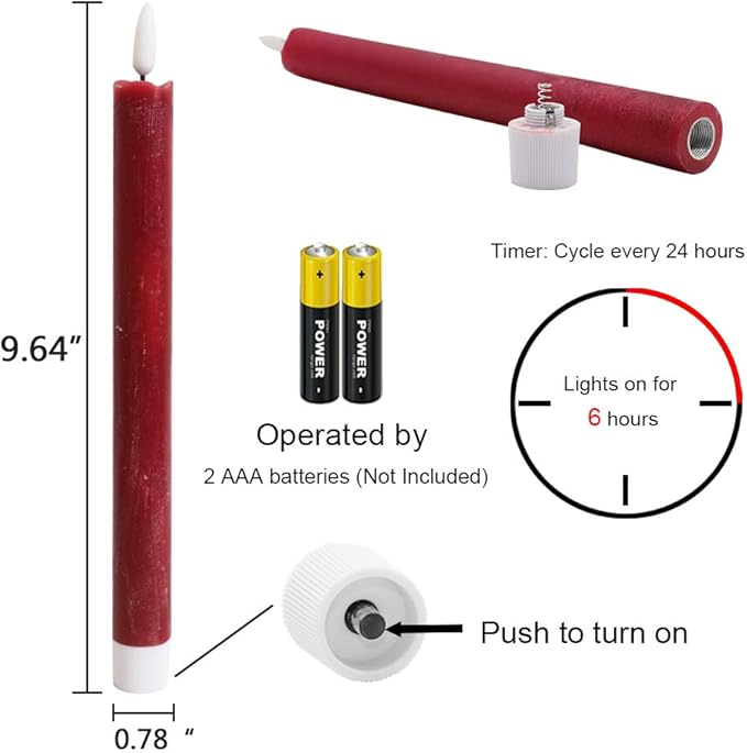 Wondise Flameless Taper Candles with Timer, 2 Pack Battery Operated Flameless Flickering Candles Real Wax Burgundy LED Candle for Christmas Wedding Dinner Decorations