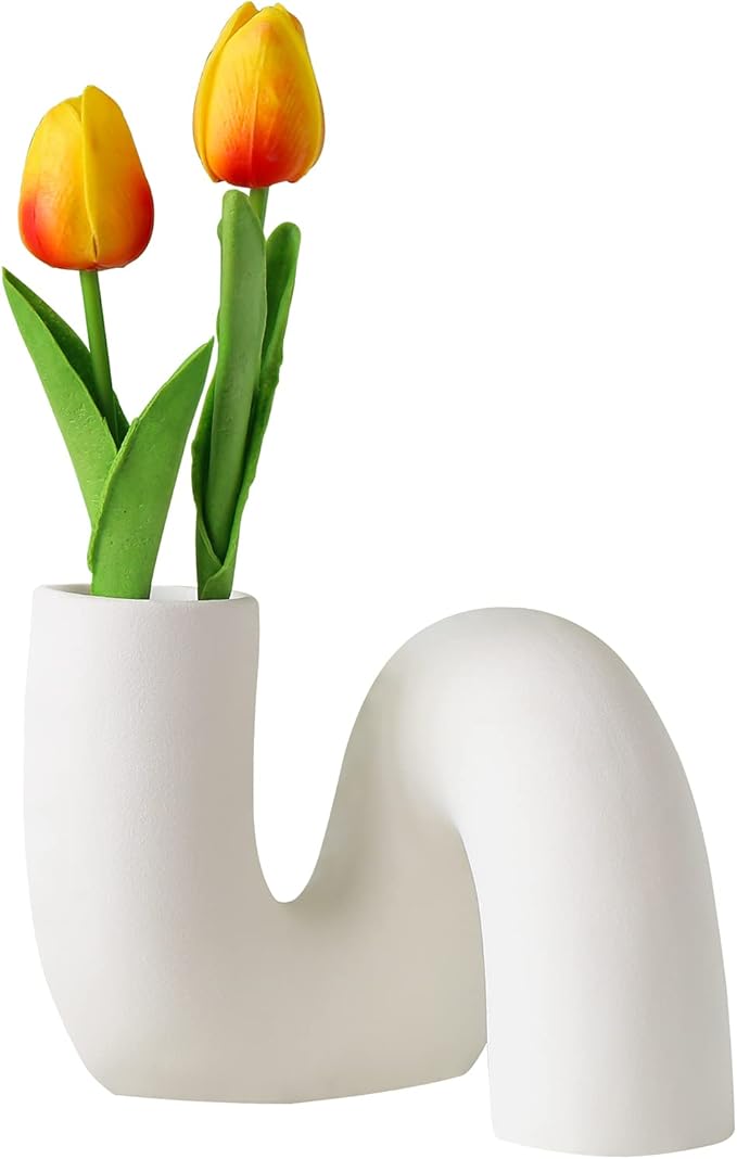 White Ceramic Flower Vase for Decor,Modern Minimalist Abstraction Vases,Farmhouse Decorative vase for Centerpieces,Kitchen,Office, Living Room,Wedding Floral Decoration (White)