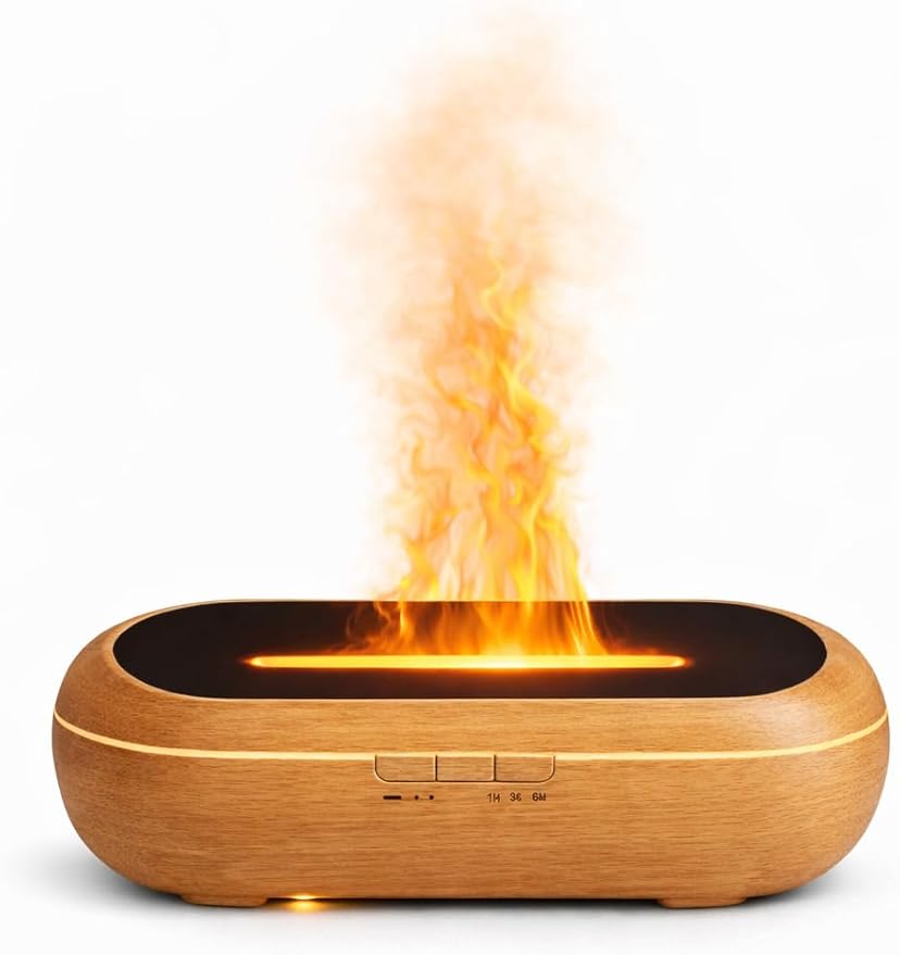 AquaAura Flame Diffuser – Flame Effect Essential Oil Diffuser & Humidifier, 160ml Aromatherapy Diffuser with 7 LED Colors, Cool Mist Humidifier with 1H/3H/6H Timer Auto Shutoff