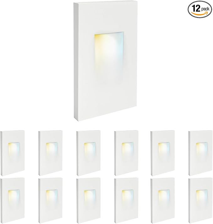 12-Pack Vertical LED Step Lights, Color Adjustable (2700K-5000K), IP65 Waterproof, 3W 70LM, 120V Stair Lights Indoor Outdoor, 10%-100% Dimmable, White, ETL Certified
