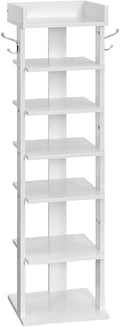 HOOBRO Vertical Shoe Rack for Front Door Entryway, 7 Tier Wooden Shoe Storage Organizer with Hooks, Narrow Shoe Tower for 7 Pairs, Space Saving, for Corner, Closet, Bedroom, White WT61XJ01