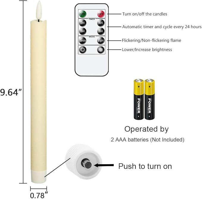 GenSwin Flameless Ivory Taper Candles Flickering with 10-Key Remote, Battery Operated Led Warm 3D Wick Light Window Candles Real Wax Pack of 3, Christmas Home Wedding Decor(0.78 X 9.64 Inch)