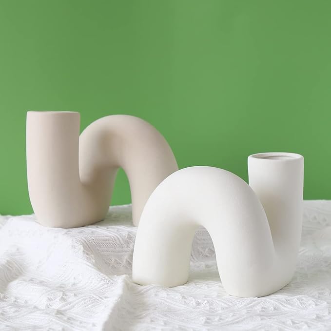 White Ceramic Flower Vase for Decor,Modern Minimalist Abstraction Vases,Farmhouse Decorative vase for Centerpieces,Kitchen,Office, Living Room,Wedding Floral Decoration (White)
