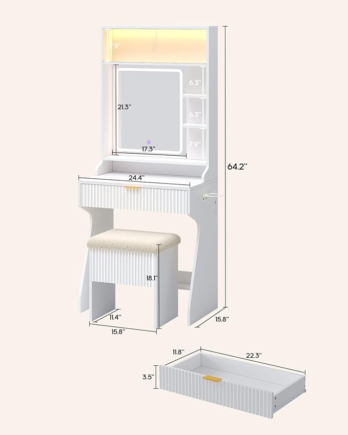 Small Vanity Desk with Mirror and Lights, Sound Sync LED Lights, Fluted Wood Compact Makeup Vanity Table Set with Teddy Fleece Chair, Storage Drawer, Shelves, Bedroom (White)