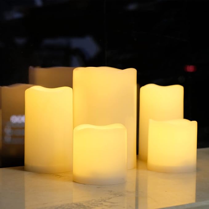 NONNO&ZGF 5 Pack Outdoor Waterproof Flameless Candles, Remote Battery Operated LED Resin Rainproof Pillar Candles (1pcs 4" x 6", 2pcs 3" x 5", 2pcs 3" x 3")