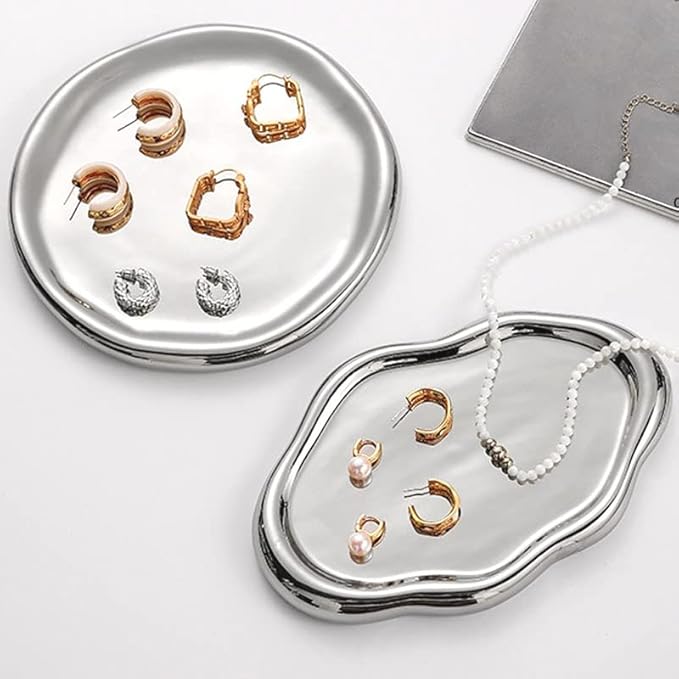 Jewelry Dish Tray, Ring Dish, Ceramic Trinket Small Key Mother's Day, Christmas, Thanksgiving, Birthday Gift for Mother Daughter Friends Silver