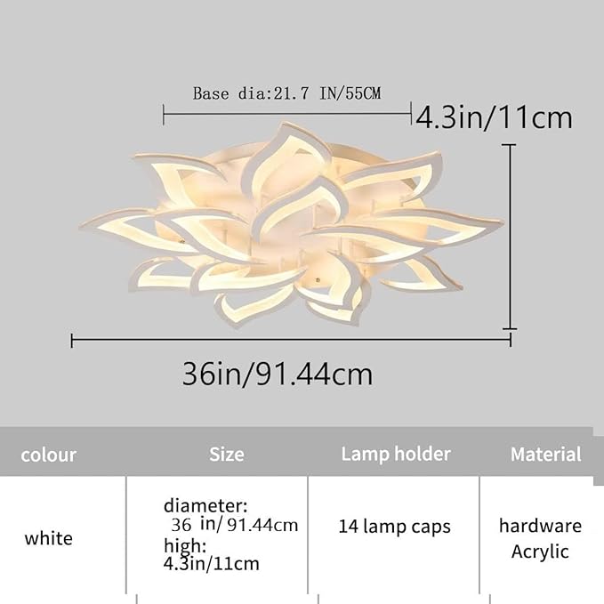 Garwam LED Dimmable Flower Shape Ceiling Light 14-Head Modern Petal Flush Mount Ceiling Lamp with Remote Control White Metal Acrylic Ceiling Chandelier Lighting for Living Room Bedroom Dining Room