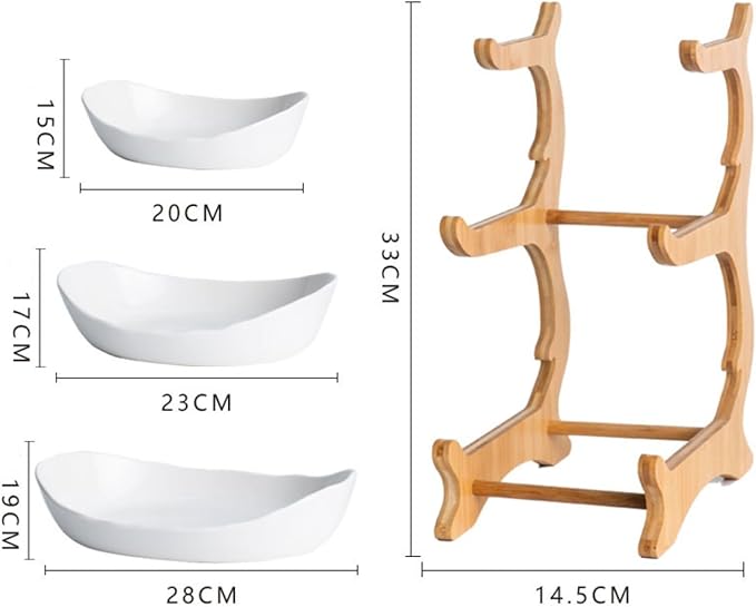3 Tier Fruit Bowl Stand with Bamboo Frame and White Porcelain Bowls, Elegant Countertop Organizer for Fruits, Snacks and Desserts, Stylish Kitchen and Dining Decor