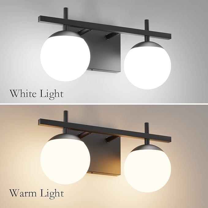 Ralbay Matte Black Bathroom Light Fitures 2-Light Mid Century Modern Bathroom Light Fixture Matte Black Milky Glass Ball Wall Light Black 2 Light