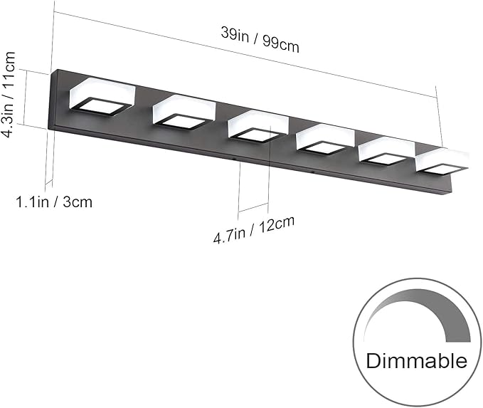 Ralbay 6 Lights LED Modern Dimmable Matte Black Vanity Light Acrylic Modern Vanity Wall Light Over Mirror Dimmable Bathroom Vanity Lighting Fixtures 6000K Cool White Light