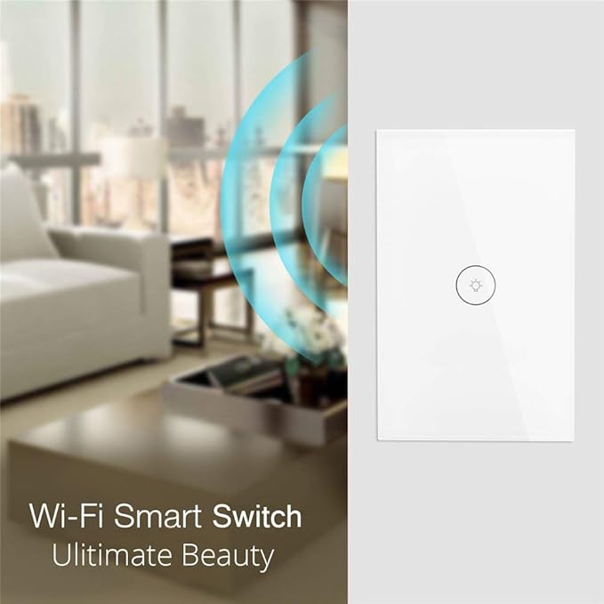 WiFi Smart Wall Light Switch Glass Touch Panel Wireless Remote Control by Mobile APP Anywhere Compatible with Alexa,Timing Function No Hub Required (Wall Switch 1 Gang).