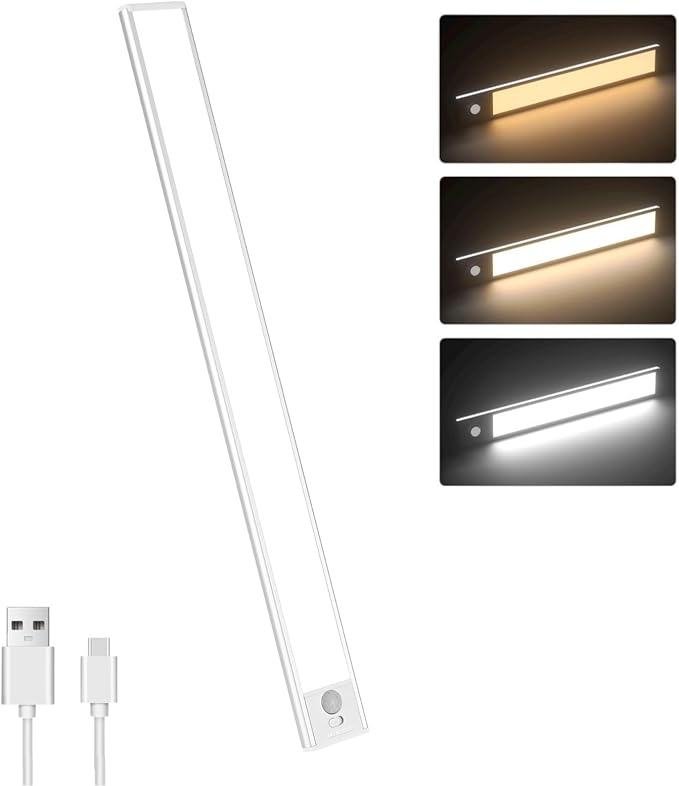 Motion Sensor Under Cabinet Lighting-Magnetic Rechargeable Closet Lights for Kitchen,Stairs,Wardrobe | 3-Color Dimmable LED Under Counter Lighting | Pro Battery Upgrade (1, 16 inch)