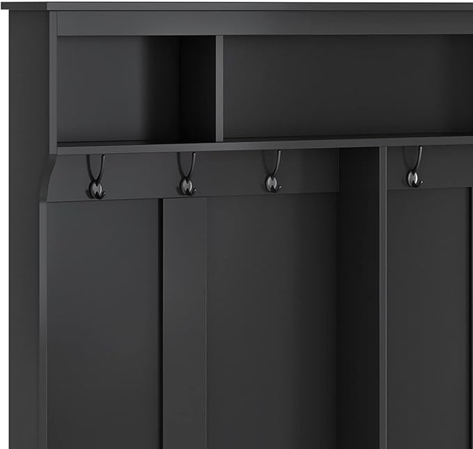 Wide Hallway Coat Rack Hall Tree with Shoe Storage Rack, 24 Cubes 6 Hooks and 3 Top Shelves, Large Storage Bench for Entrance, Enterway (Black)