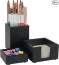 RAWILL 3 PCS Black Wooden Desk Organizer Set Pine Wood Office Desk Accessories with Pen Holder, Paperclip Storage and Sticky Note Holder, Wood Grain Clear, Ideal Gift for Office and Family (Black)