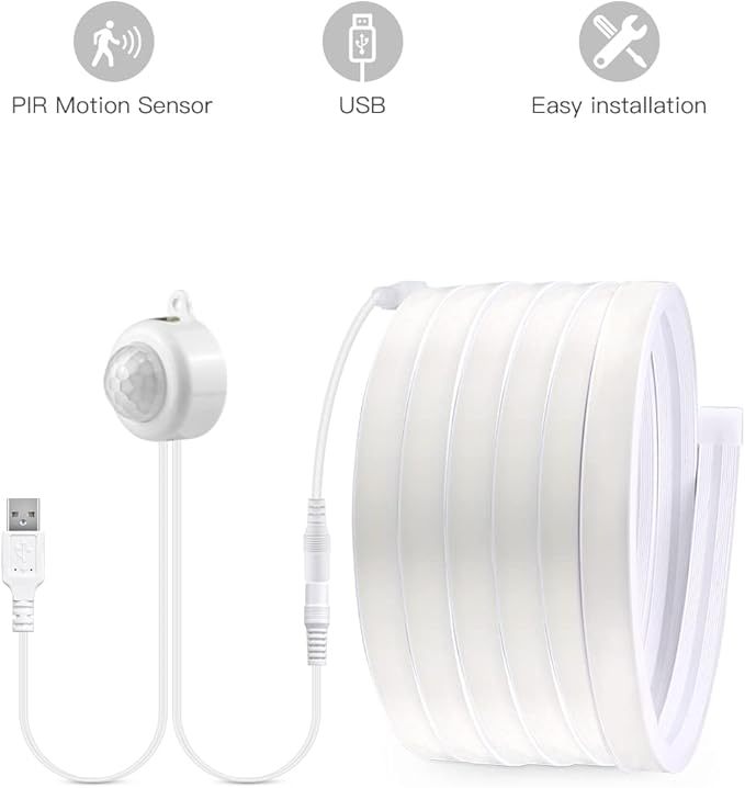 3.3FT/1M Motion Activated COB LED Strip Light 5V USB Motion Sensor Neon LED Rope Light Indoor Under Bed Lights 3500k Warm White LED Under Closet Lights for Stairs, Under Bed, Closet, Cabinet