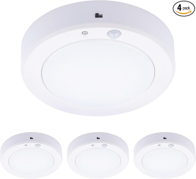 LIT-PaTH Battery Operated Motion Sensor LED Ceiling Light, 6.1inch Flush Mount Light Fixture 3000K, Wireless Nightlight for Closet Laundry Stair- Darkness Use Only, 4-Pack (Battery Not Included)