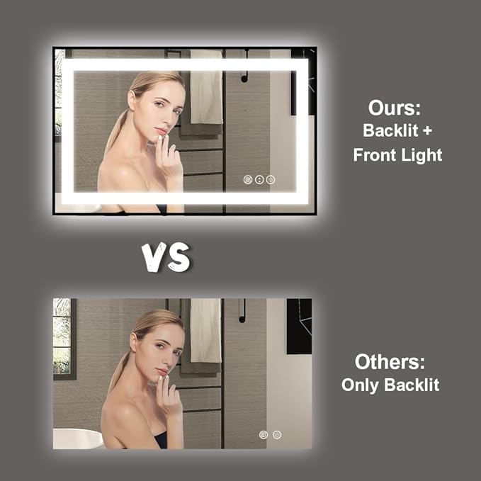 Amorho 20"x 28" LED Bathroom Mirror with Black Frame, Front Light and Backlit, Stepless Dimmable, Anti-Fog, Shatter-Proof, Memory, 3 Colors, Double LED Vanity Mirror