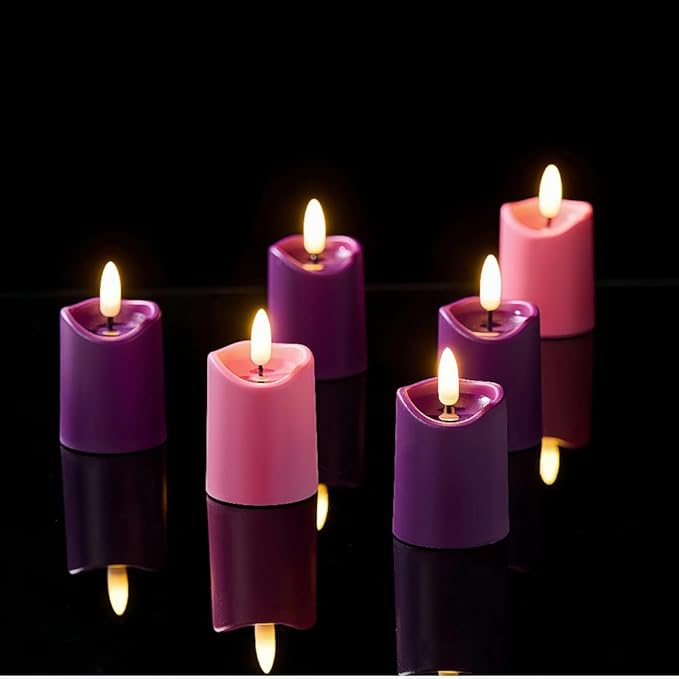 Simplelight Advent Candles, Purple & Pink Flameless Votive Candles with Timer, Advent Wreath with Flameless Candles, Realistic Black Wick, Set of 6-Battery Included (Purple Pink)