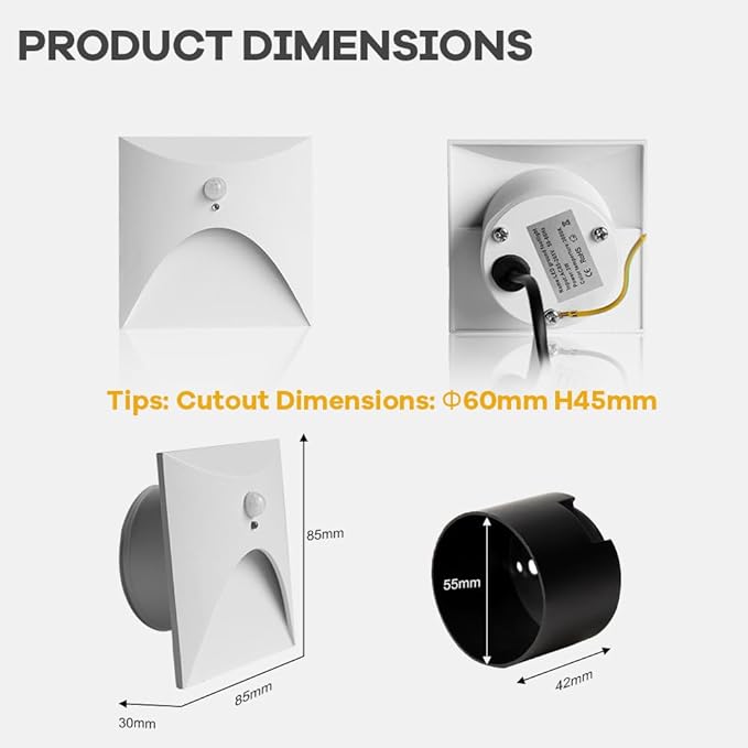 FVTLED 4 Pack Motion Sensor LED Step Lights, 3W AC 85-265V Stair Lights Indoor Outdoor, 3000K Warm White, Arc Design, IP44 Waterproof Staircase Lighting-White Shell