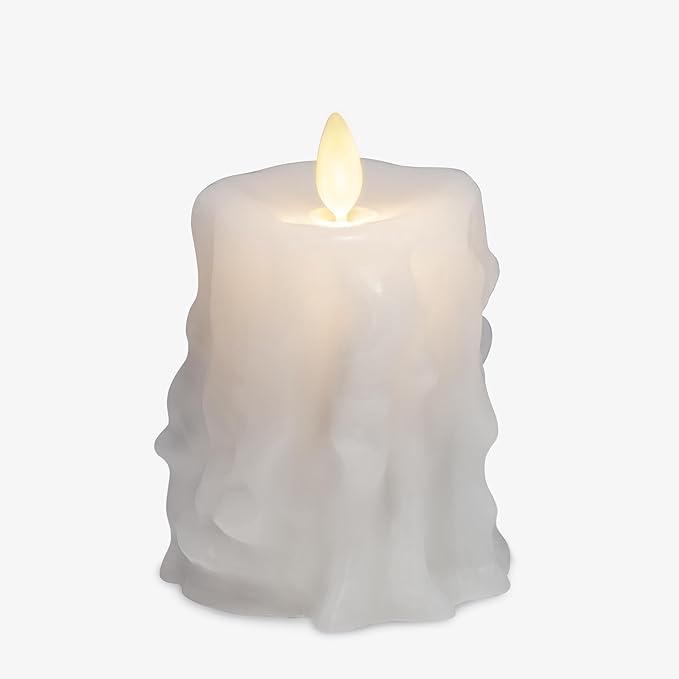 Luminara Heavy Wax Drip Flameless LED Candle, White 3.4" x 4.5", Timer Function, Real Wax Pillar, Battery Operated Unscented Safe, Long-Lasting