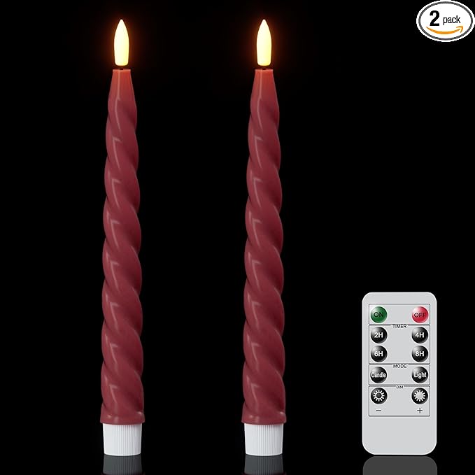 Wondise Flameless Taper Candles with Remote Timer, Real Waxy Red Battery Operated Candlesticks 3D Wick LED Candles for Halloween Christmas Holiday Wedding Decoration (2 Pack, Red