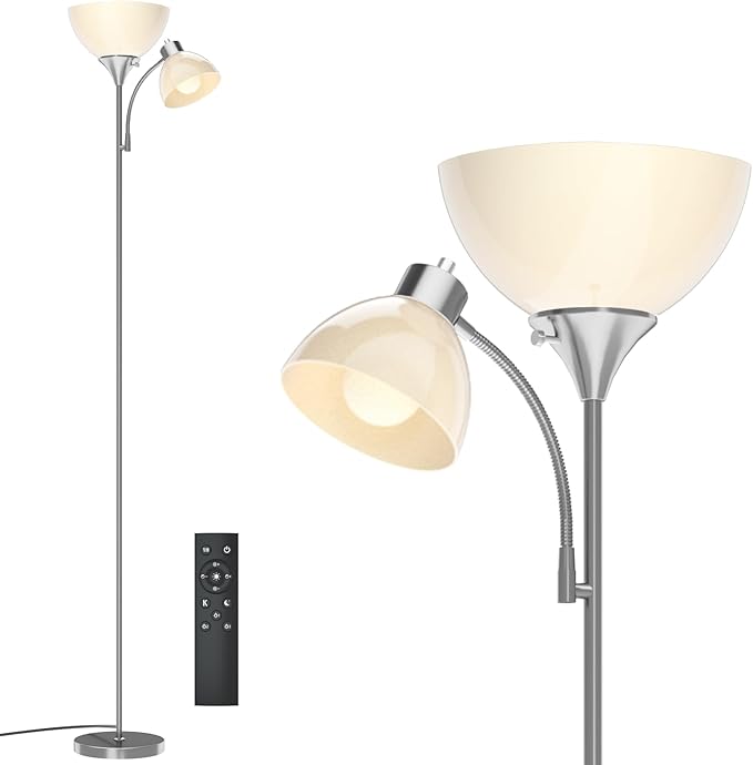 GERGO Floor Lamp, Remote Control with 4 Color Temperatures, LED Torchiere Floor Lamp with Adjustable Reading Lamp for Bedroom, Standing Lamps for Living Room, Bulb Included (Brushed Nickel)