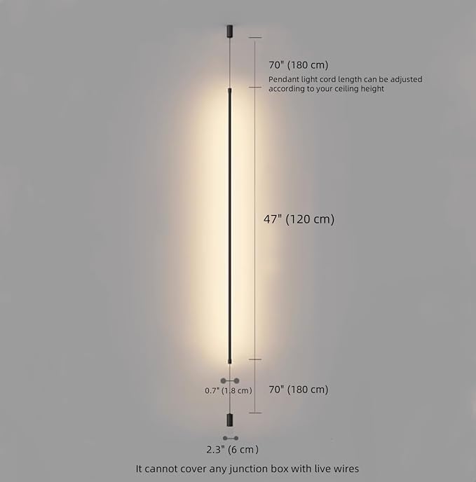 Modern Minimalist Bedside Pendant Light Black Linear Floor to Ceiling Lamp Hardwired 47" LED Pendant Lights Long Strip Hanging Lamp for Bedroom TV Background