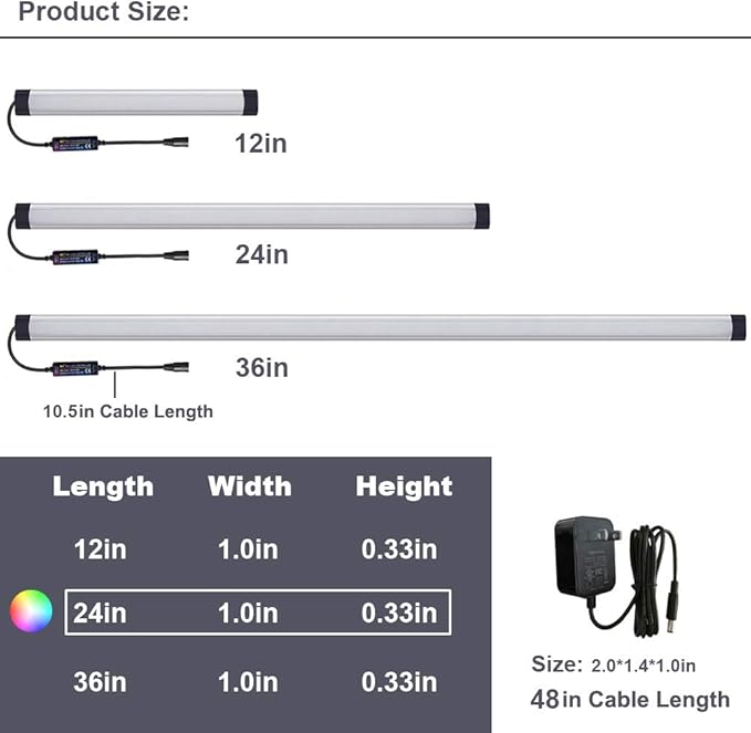 Dimmable Under Cabinet Lighting, RGB LED Light Bar, RF Remote Control Lamp, Multicolor Under Counter Lights for Desk, Room, Cupboard, Hallway, Shelf, Closet (24 Inch)
