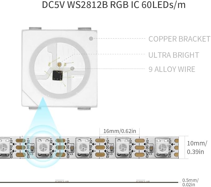 WS2812B IC RGB 5050SMD ECO Individual Addressable LED Strip Light, 16.4FT 300LED 60LED/m Flexible Full Color IP30 DC5V White PCB for DIY Project (No Power Adapter or Controller)